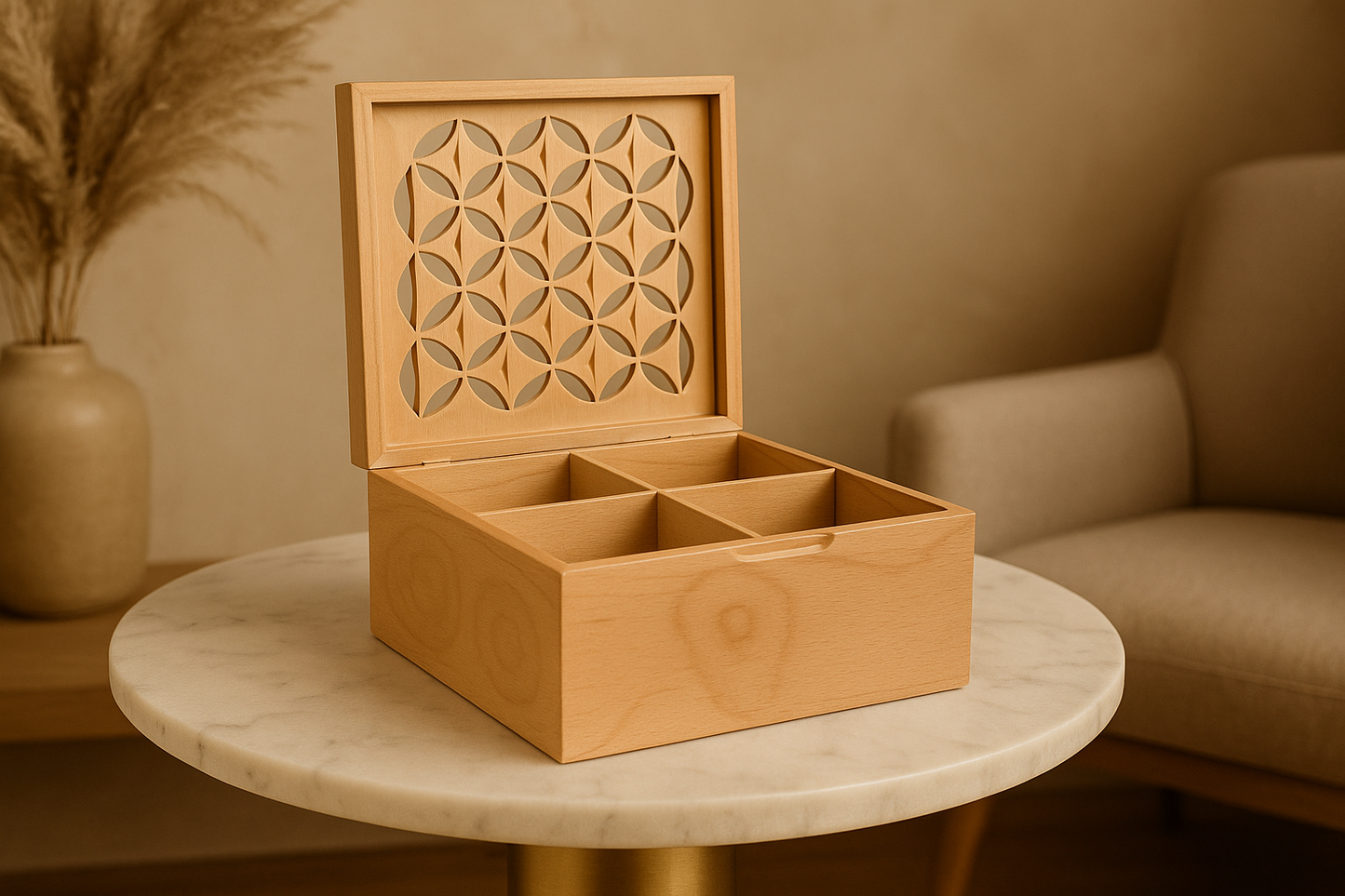 Handcrafted Wooden Organizer Box Elegant Geometric Lid Design - صندوق منظم خشبي يدوي الصنع تصميم غطاء هندسي أنيق