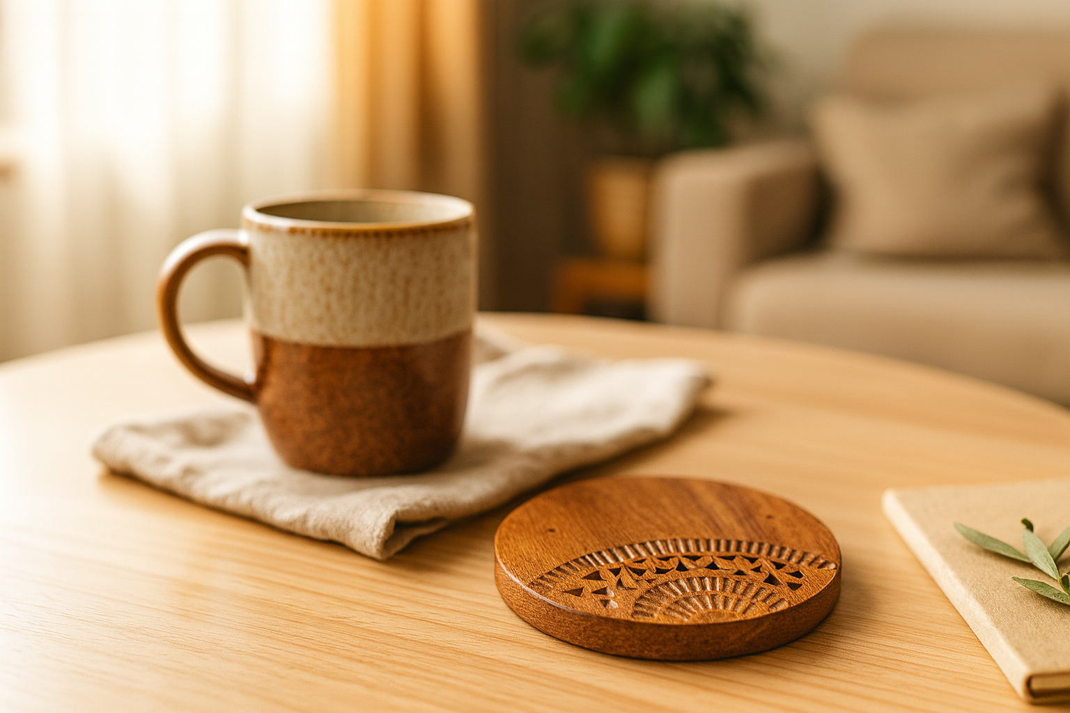 Handcrafted Wooden Coaster with Geometric Pattern - قاعدة أكواب خشبية مصنوعة يدويًا بنمط هندسي (Copy)