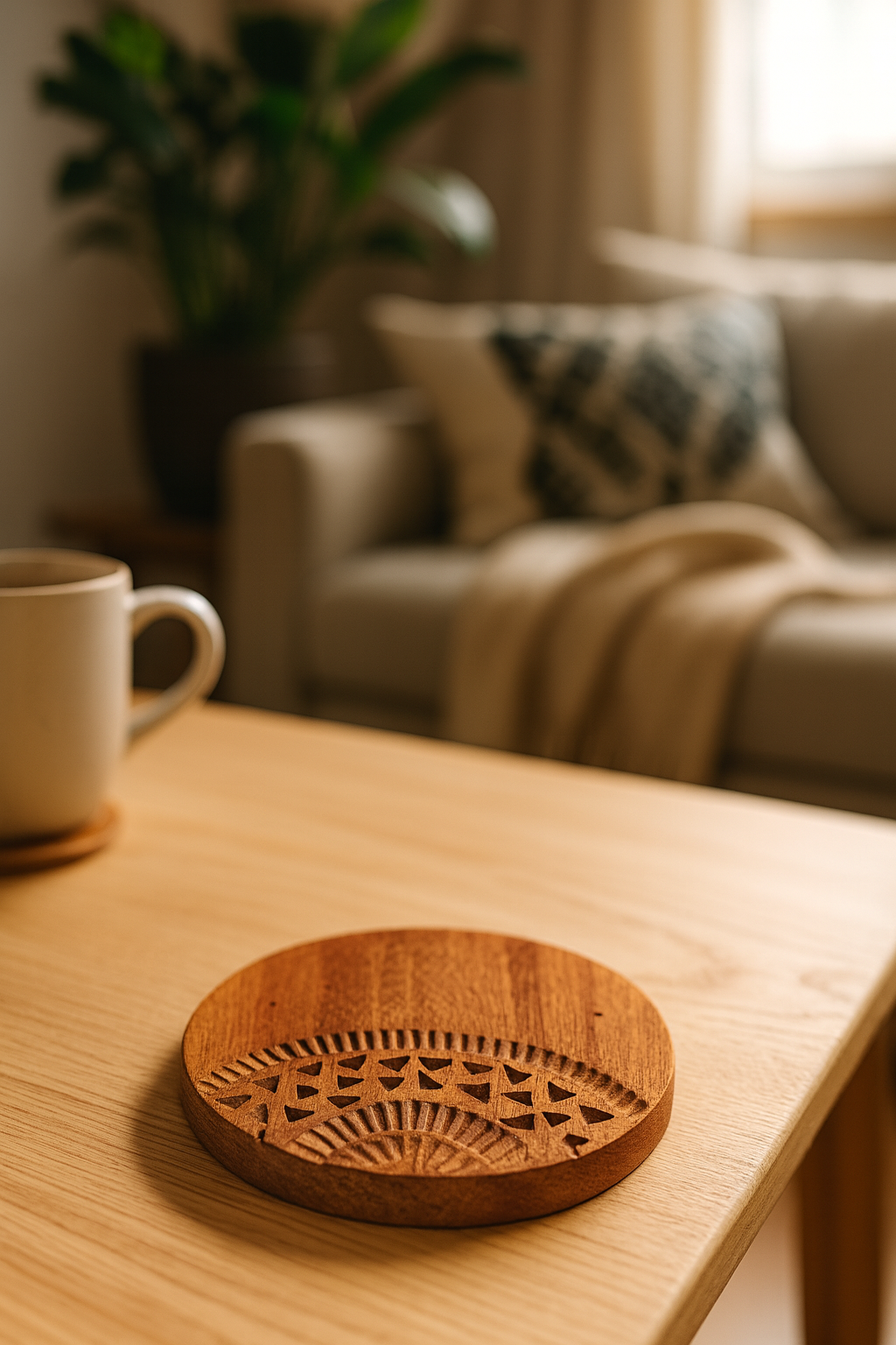 Handcrafted Wooden Coaster with Geometric Pattern - قاعدة أكواب خشبية مصنوعة يدويًا بنمط هندسي (Copy)