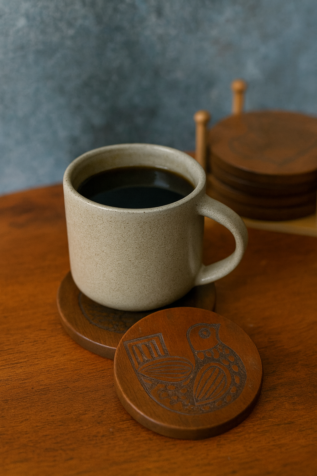Handcrafted Wooden Coaster Set with Engraved Bird Motif - طقم قواعد أكواب خشبية يدوية الصنع بنقش طائر محفور