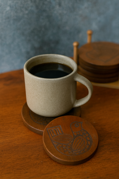 Handcrafted Wooden Coaster Set with Engraved Bird Motif - طقم قواعد أكواب خشبية يدوية الصنع بنقش طائر محفور