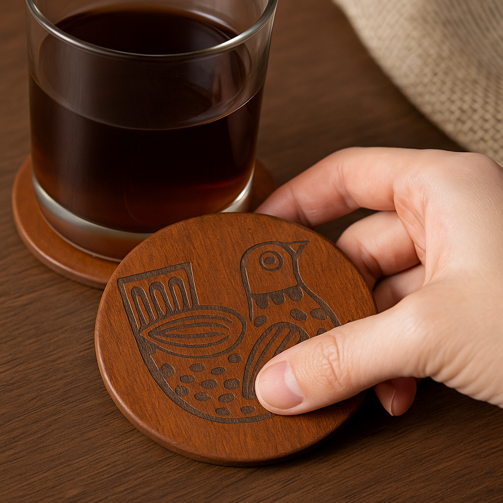 Handcrafted Wooden Coaster Set with Engraved Bird Motif - طقم قواعد أكواب خشبية يدوية الصنع بنقش طائر محفور
