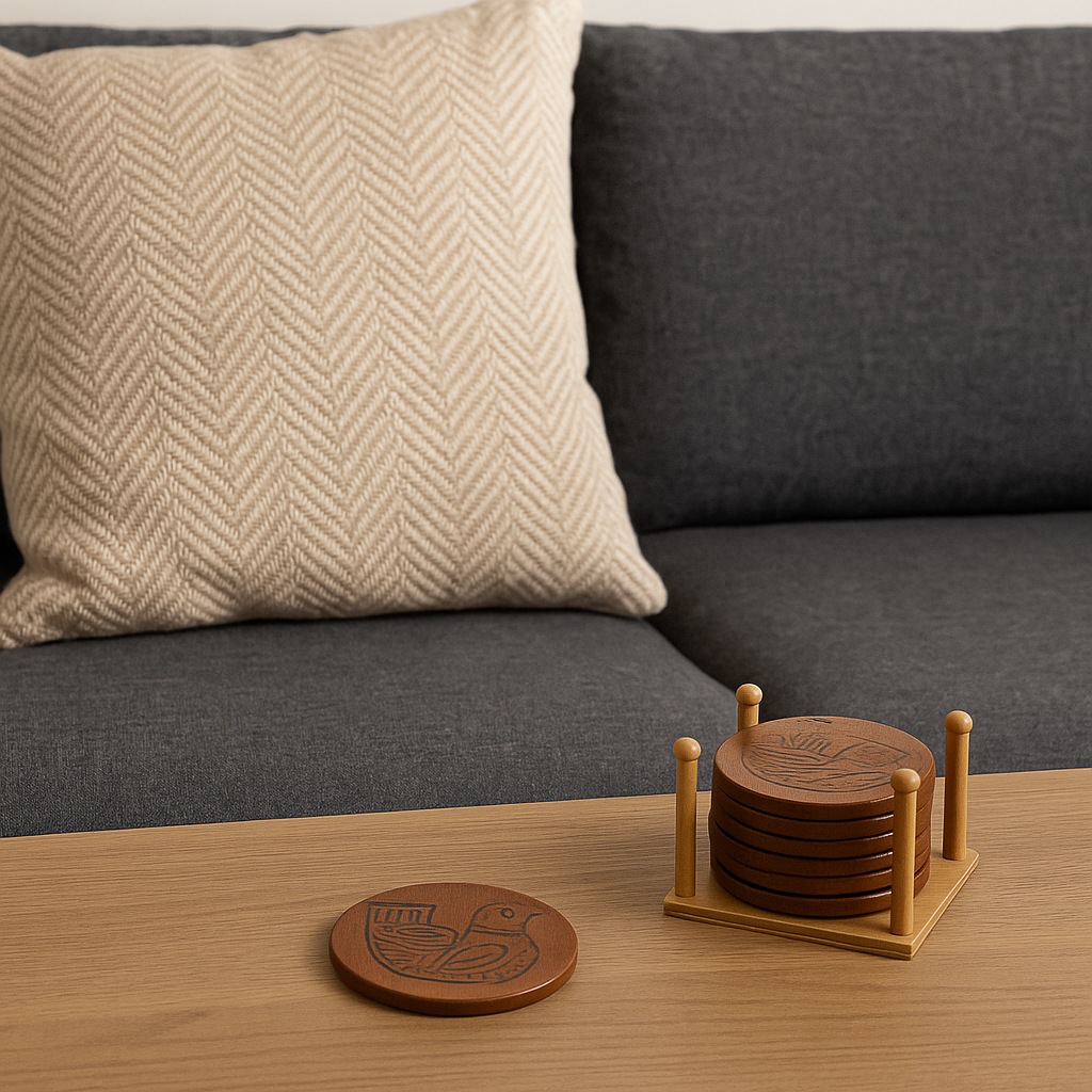 Handcrafted Wooden Coaster Set with Engraved Bird Motif - طقم قواعد أكواب خشبية يدوية الصنع بنقش طائر محفور