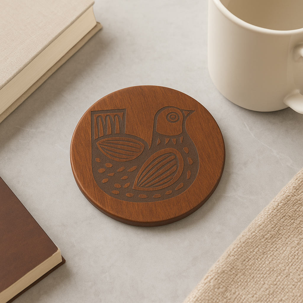 Handcrafted Wooden Coaster Set with Engraved Bird Motif - طقم قواعد أكواب خشبية يدوية الصنع بنقش طائر محفور
