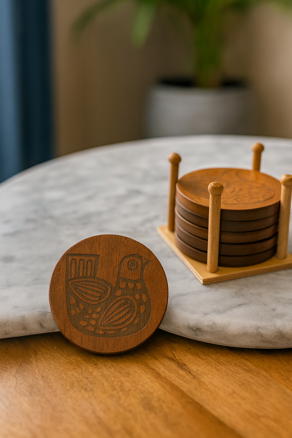 Handcrafted Wooden Coaster Set with Engraved Bird Motif - طقم قواعد أكواب خشبية يدوية الصنع بنقش طائر محفور