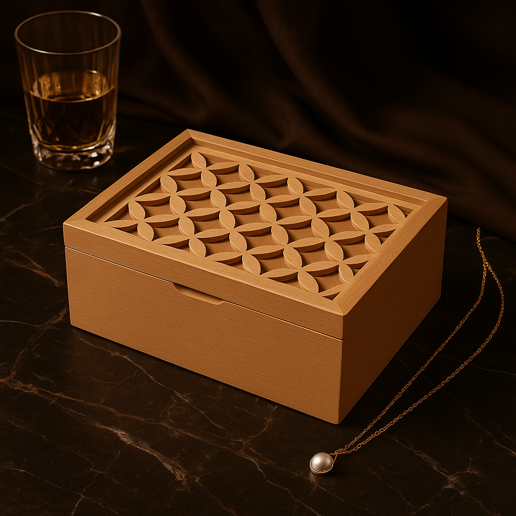Handcrafted Wooden Organizer Box – Elegant Geometric Lid Design - صندوق منظم خشبي يدوي الصنع – تصميم غطاء هندسي أنيق