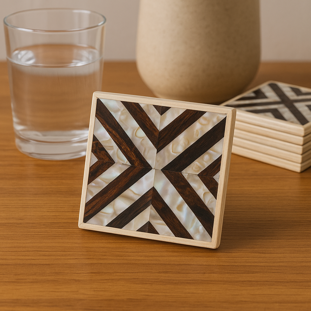 Handcrafted set of coasters luxurious with geometric design of mother-of-pearl - مجموعة من قواعد الأكواب الفاخرة المصنوعة يدويًا بتصميم هندسي من عرق اللؤلؤ