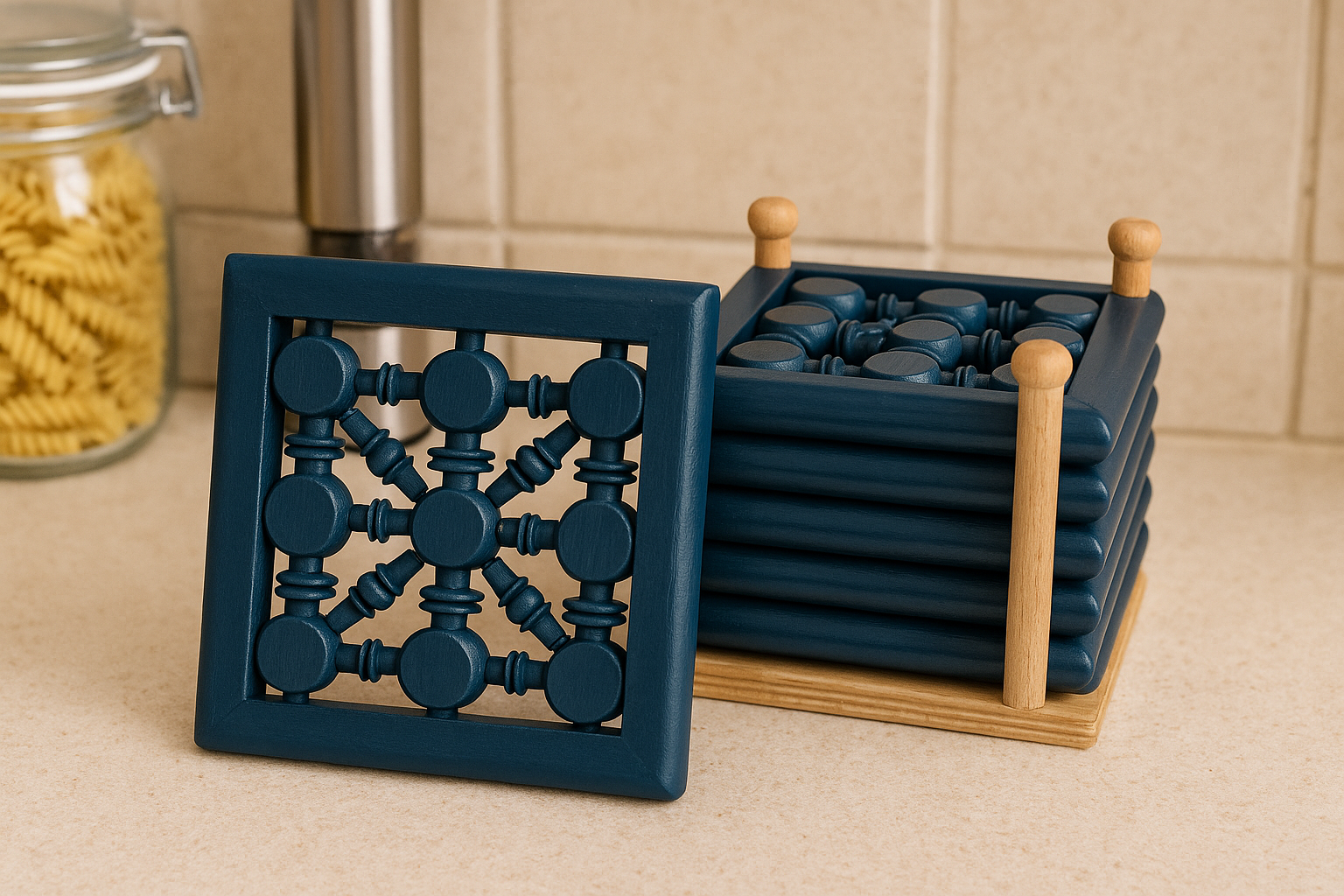 Handcrafted Wooden Coasters with Holder – كوسترات خشبية مصنوعة يدويًا مع حامل