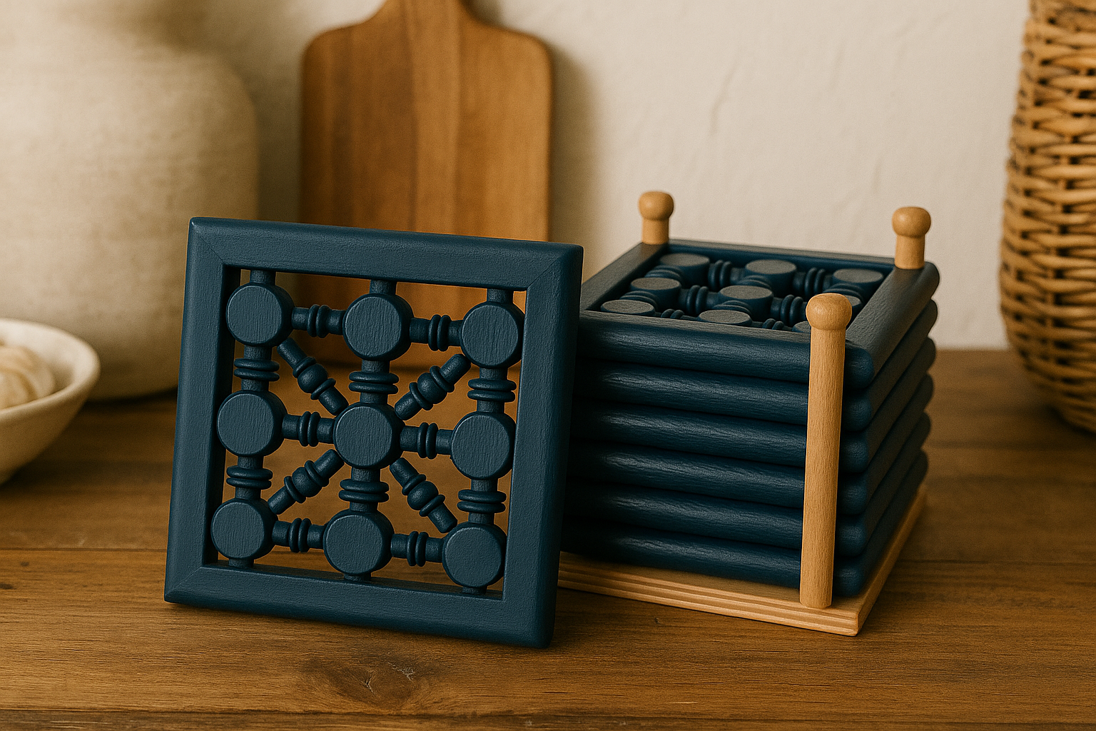 Handcrafted Wooden Coasters with Holder – كوسترات خشبية مصنوعة يدويًا مع حامل