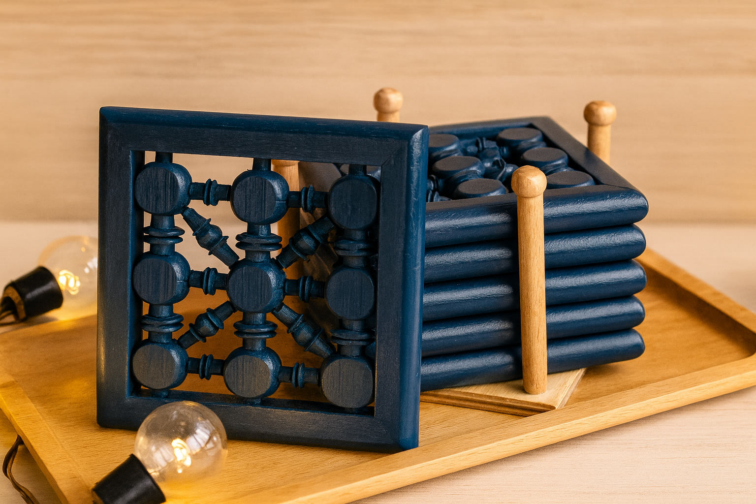 Handcrafted Wooden Coasters with Holder – كوسترات خشبية مصنوعة يدويًا مع حامل