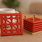 Handcrafted Wooden Coasters with Holder – كوسترات خشبية مصنوعة يدويًا مع حامل